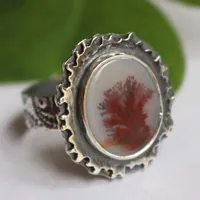 Reflejos de otoño, anillo paisaje de estación en plata y ágata dendrítica