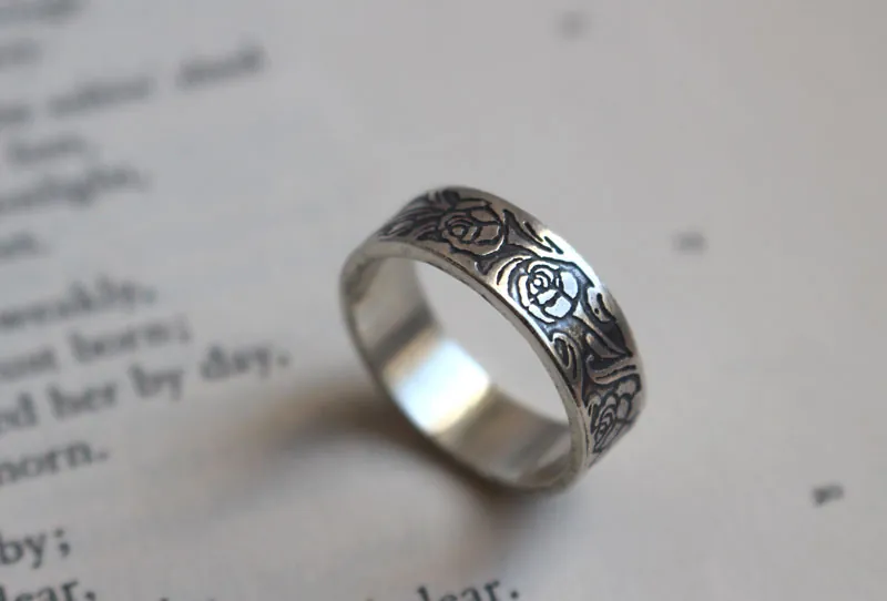 Rosa, anillo flor romántica de rosal en plata