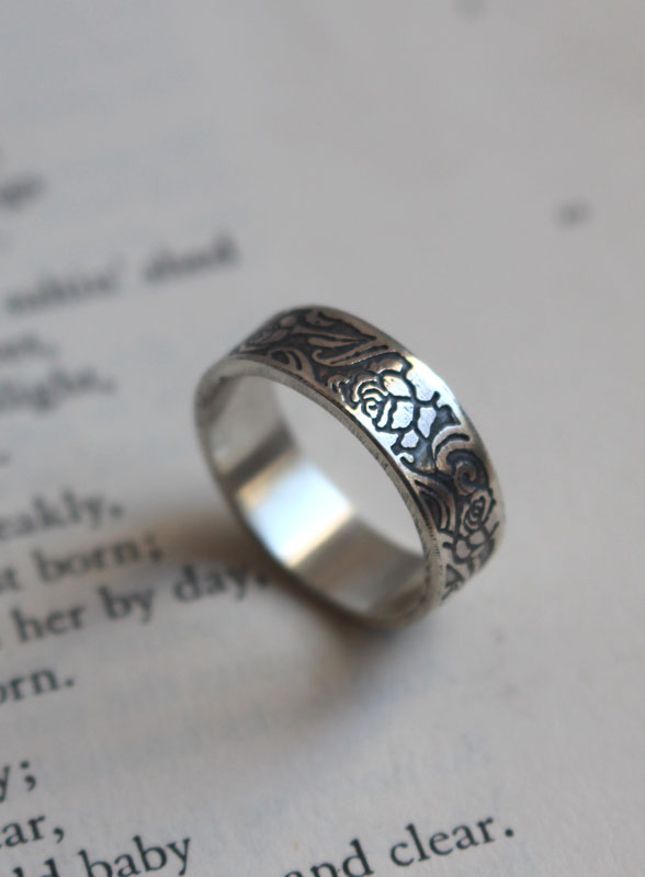 Rosa, anillo flor romántica de rosal en plata