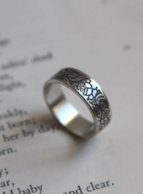 Rosa, anillo flor romántica de rosal en plata