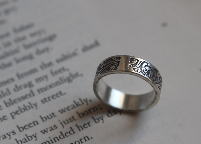 Rosa, anillo flor romántica de rosal en plata