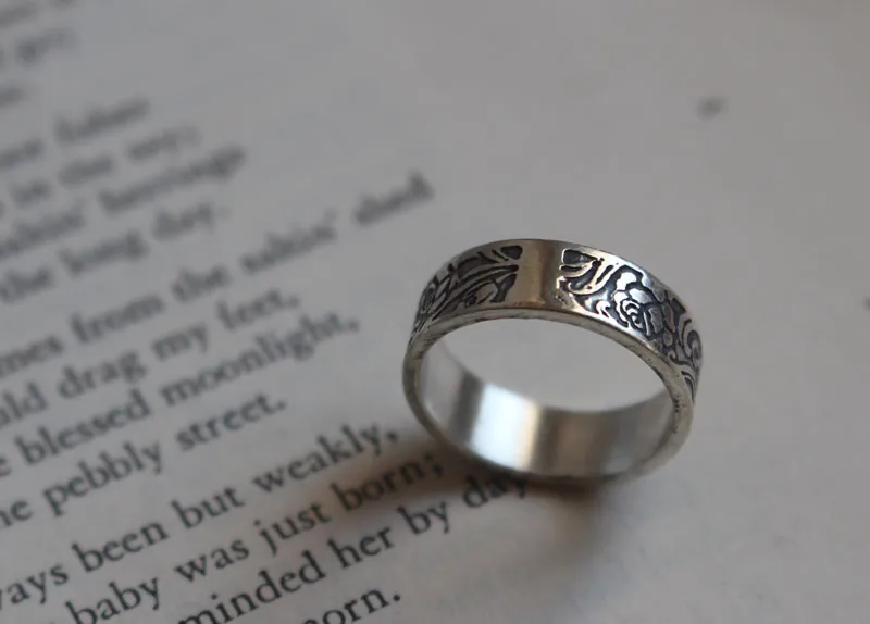 Rosa, anillo flor romántica de rosal en plata