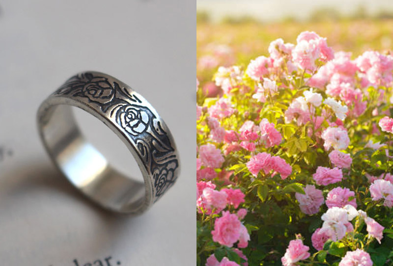 Rosa, anillo flor romántica de rosal en plata