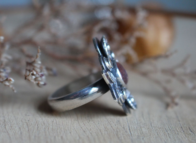 Rosa té, anillo flor en plata y turmalina rosa