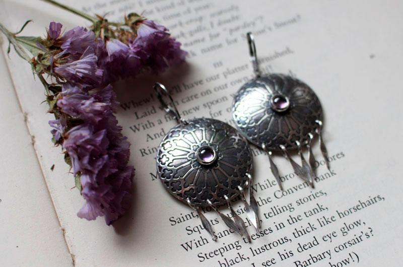 Rose window, medieval stained glass earrings in silver and zircon