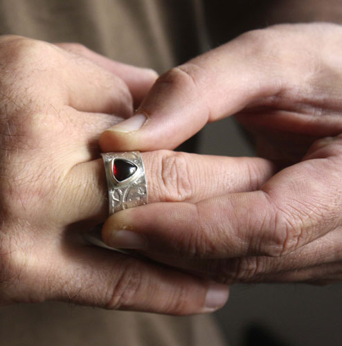 Sherlock Holmes, neo-Victorian steampunk gear ring in silver and garnet