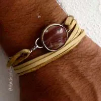 Shina, pulsera arena roja en plata, cuero y jaspe paisaje
