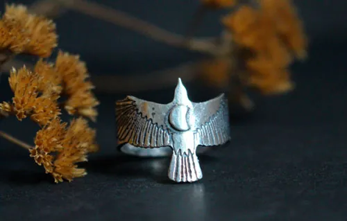 Sigue tu destino, anillo de cuervo y luna creciente en plata