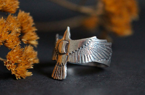 Sigue tu destino, anillo de cuervo y luna creciente en plata