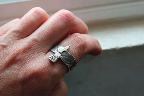 Sigue tu destino, anillo de cuervo y luna creciente en plata