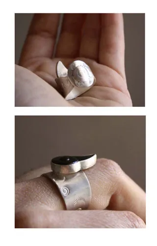 Snigill, anillo caracol infinito en plata y obsidiana arcoíris