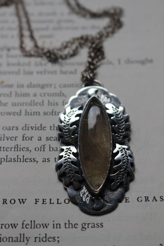 Solstice moon, oak leaf necklace in silver and rutilated quartz