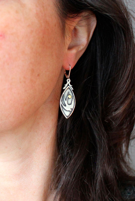 Spring swallow, bird and sun earrings in silver and brass