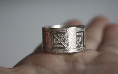 Stonehenge, moon and Celtic knot ring in silver and brass