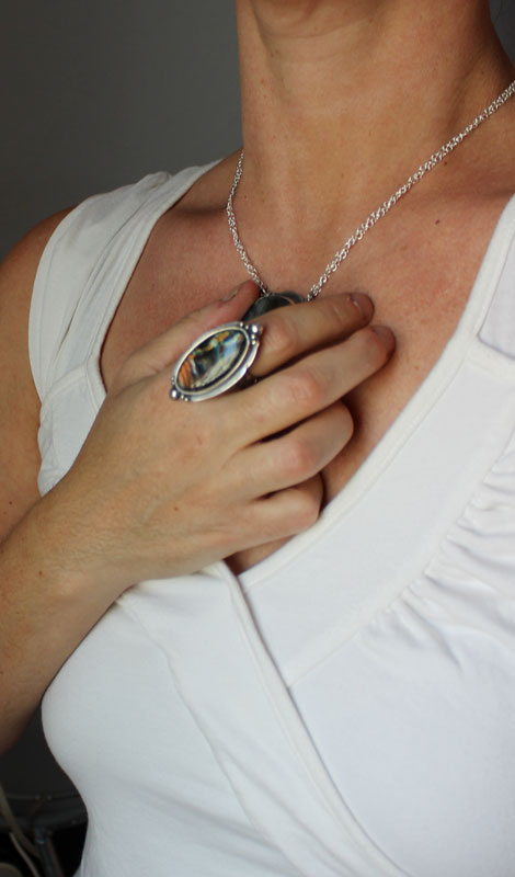 Storm sky, celestial mirror ring in sterling silver and labradorite