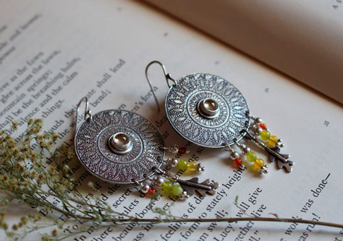 Sun petals, mandala earrings in silver, green agate, yellow agate, citrine and carnelian