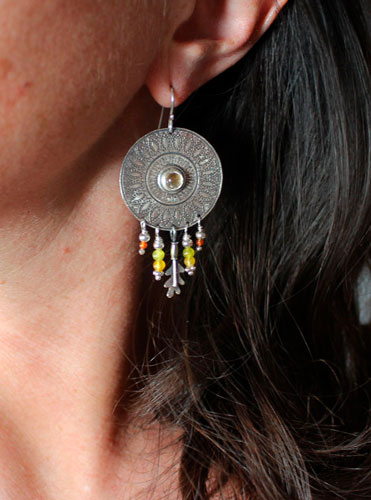 Sun petals, mandala earrings in silver, green agate, yellow agate, citrine and carnelian