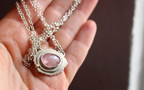 Supernova sapphire, astronomy necklace in silver, gold, and pink sapphire