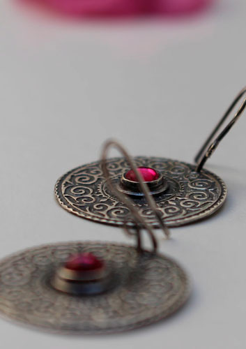 Suzani, Asian embroidery earrings in silver and ruby