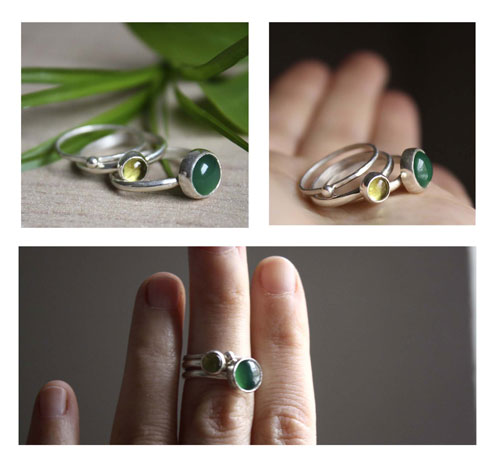 Té verde del Himalaya, anillo apilable en plata, ágata verde y peridoto