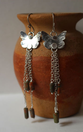 The butterfly effect, science and interaction earrings in silver and unakite