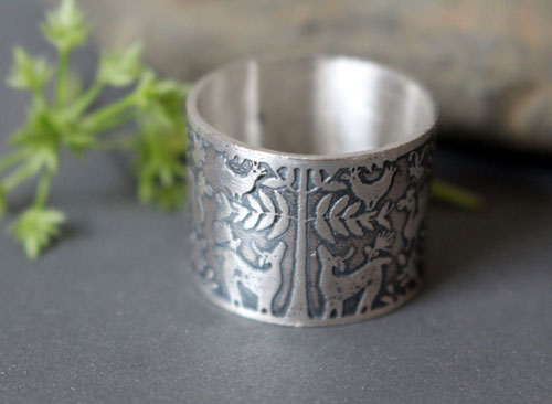 The deer tree, Otomi deer and bird ring in silver