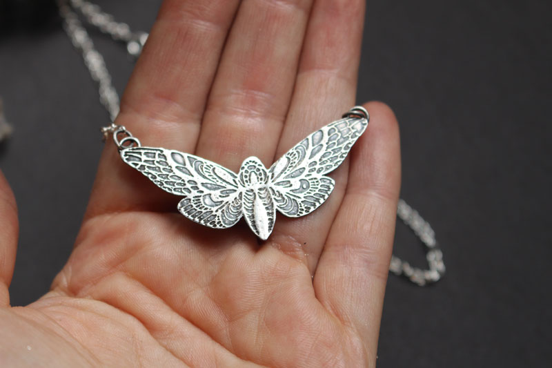 The flight of the butterfly, moth necklace in sterling silver