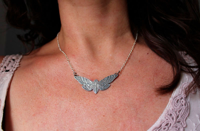 The flight of the butterfly, moth necklace in sterling silver