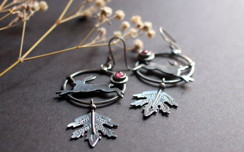 The hare of dawn, rustic earrings in silver and pink tourmaline