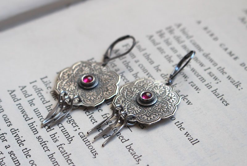 The rose of the Orient, oriental rosette earrings in silver and ruby