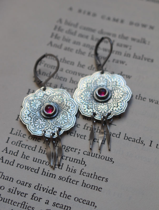 The rose of the Orient, oriental rosette earrings in silver and ruby