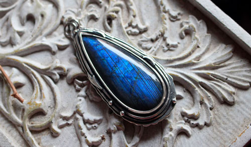 The same moon, romantic night sky pendant in silver and labradorite