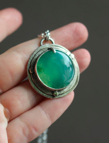 The secret of the pond, Arthurian legend necklace in silver and chrysoprase