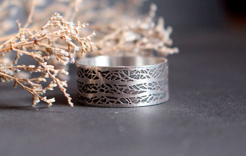 The song of the forest, tree branch ring in sterling silver