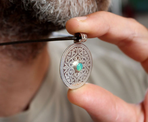 The tree of the sacred enclosure, medieval shield pendant in silver and chrysoprase