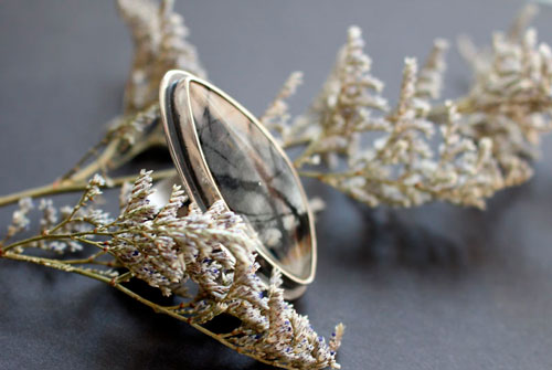 Tornado, storm in the mountains ring in silver and Picasso marble
