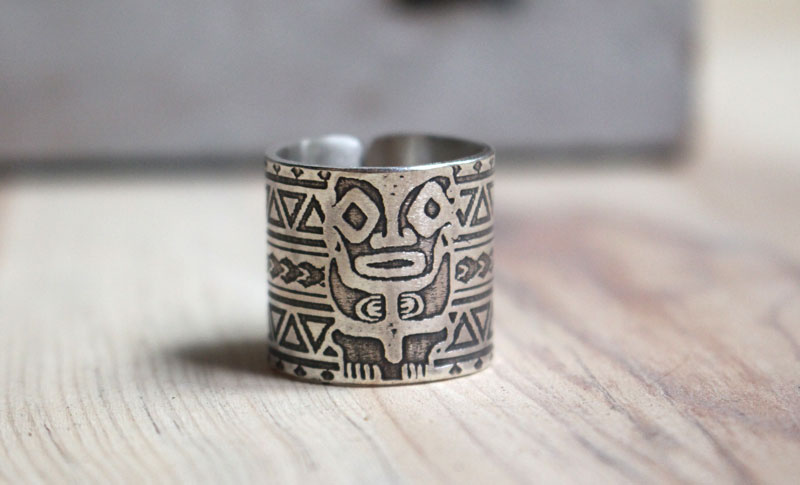 Totem, polynesian tiki ring in sterling silver