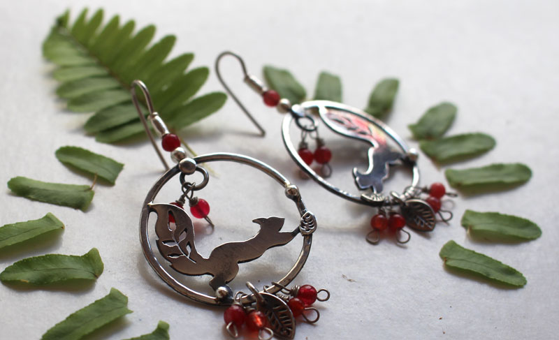 Under the berries, squirrel and red berry earrings in silver and coral