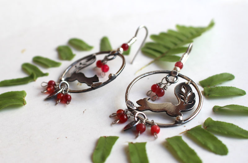 Under the berries, squirrel and red berry earrings in silver and coral