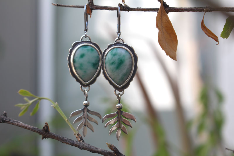 Undergrowth, Celtic fern earrings in silver and jasper