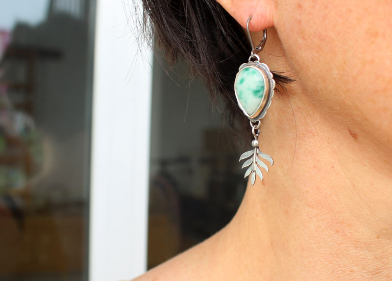 Undergrowth, Celtic fern earrings in silver and jasper