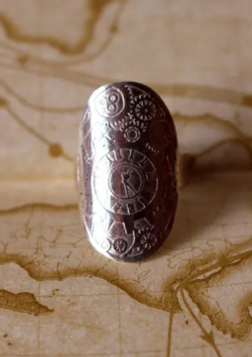 Viaje en el tiempo, anillo engranaje de reloj steampunk en plata