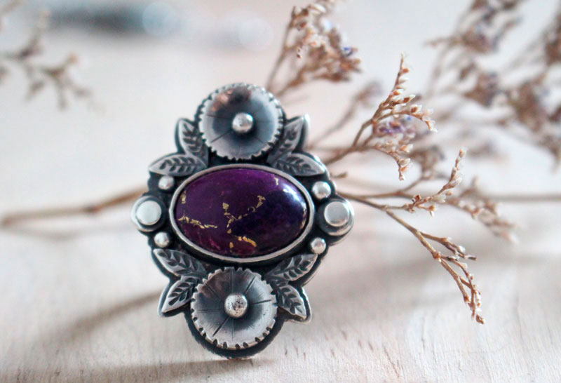Violeta, anillo jardín de flores en plata y turquesa