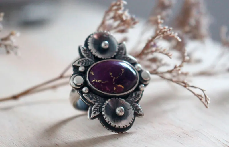 Violeta, anillo jardín de flores en plata y turquesa