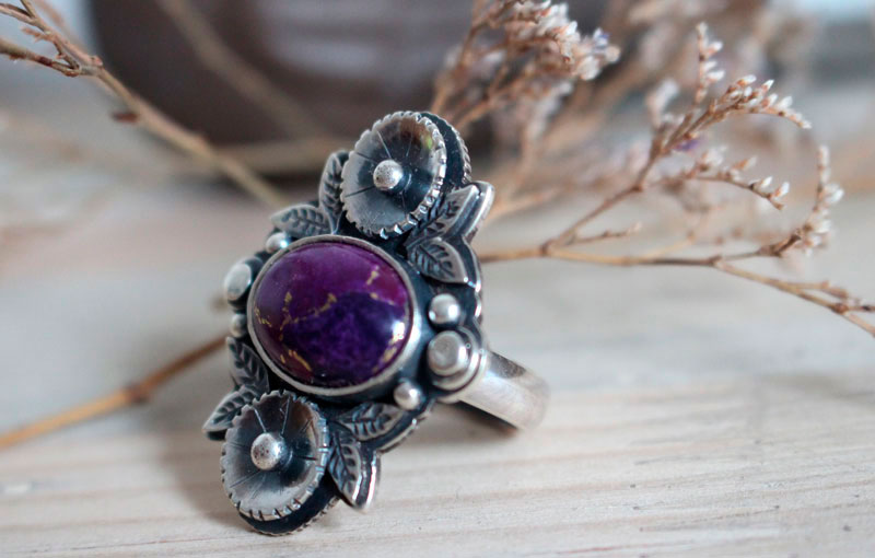 Violeta, anillo jardín de flores en plata y turquesa