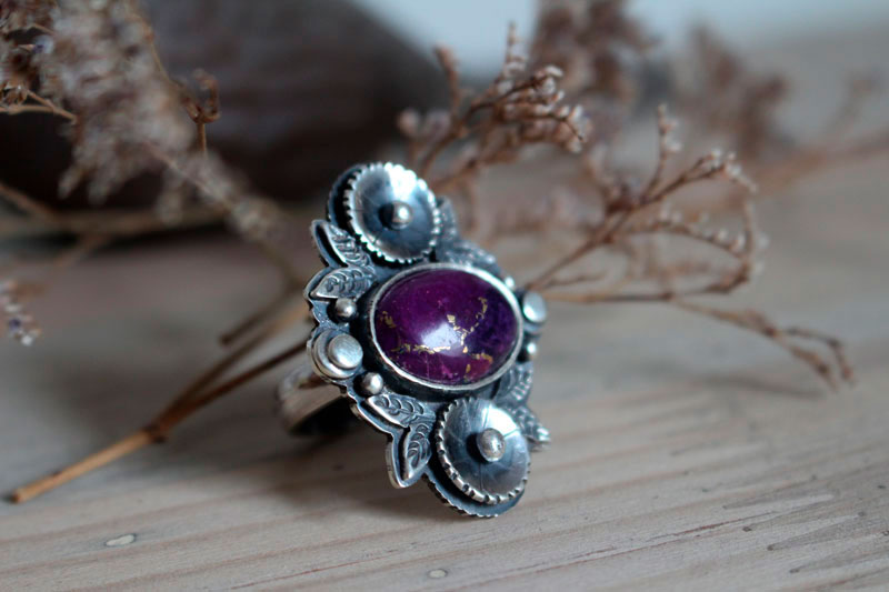 Violeta, anillo jardín de flores en plata y turquesa
