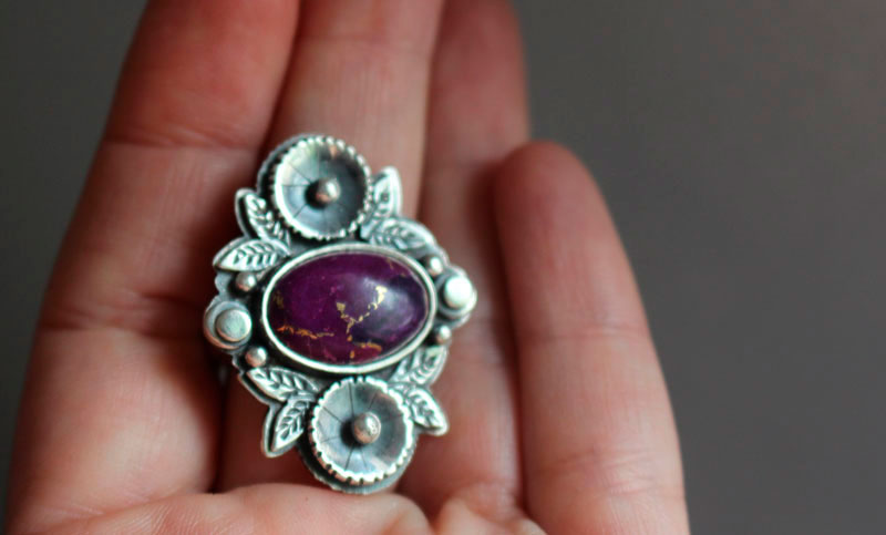 Violeta, anillo jardín de flores en plata y turquesa
