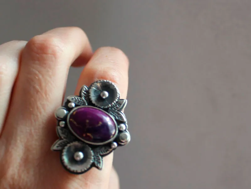 Violeta, anillo jardín de flores en plata y turquesa