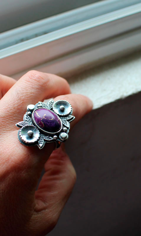 Violeta, anillo jardín de flores en plata y turquesa