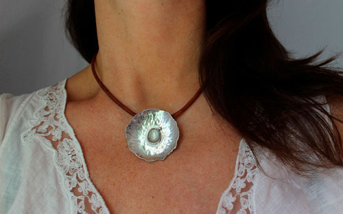 Water lily in the rain, aquatic leaf necklace in silver and sapphire